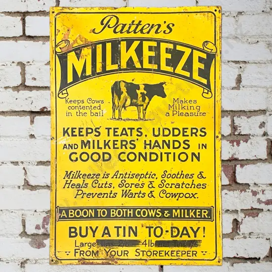 Patten's Milkeeze Tin Sign Large With Cow