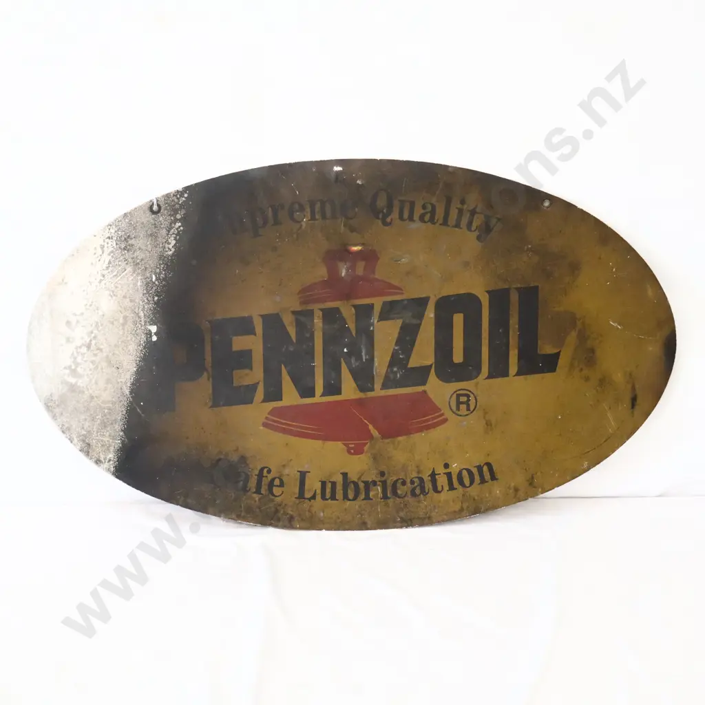 Pennzoil Oval Aluminum Sign A/F Fire Damage Image 1++