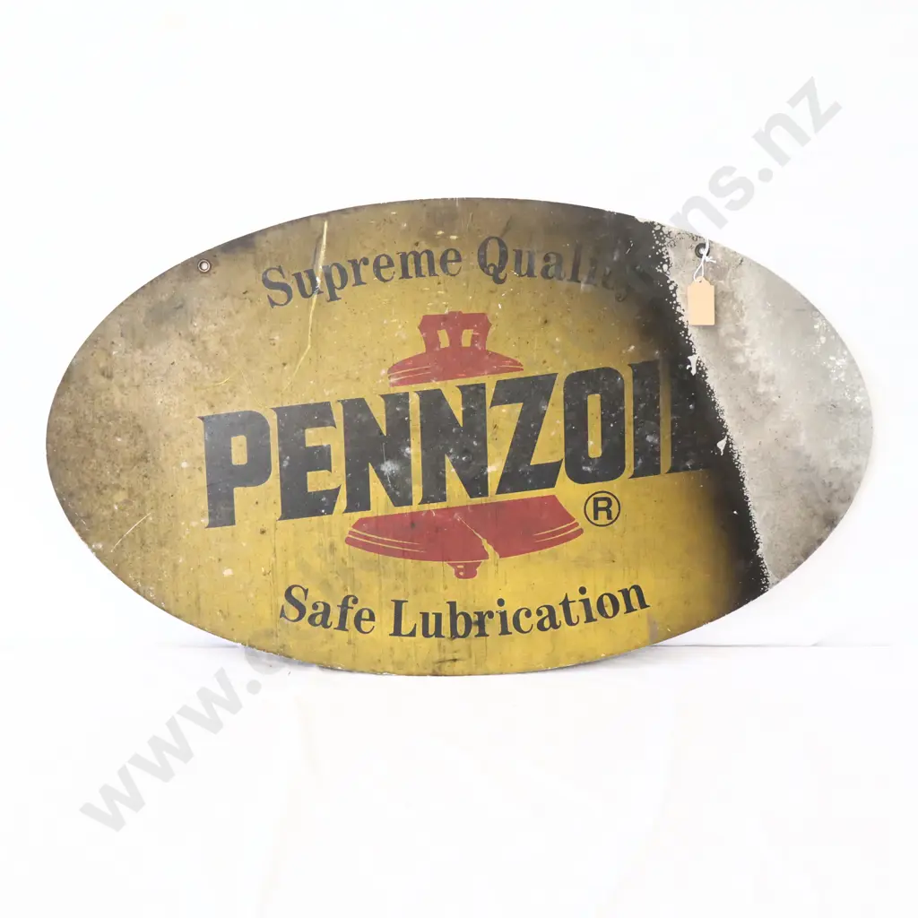 Pennzoil Oval Aluminum Sign A/F Fire Damage Image 1++
