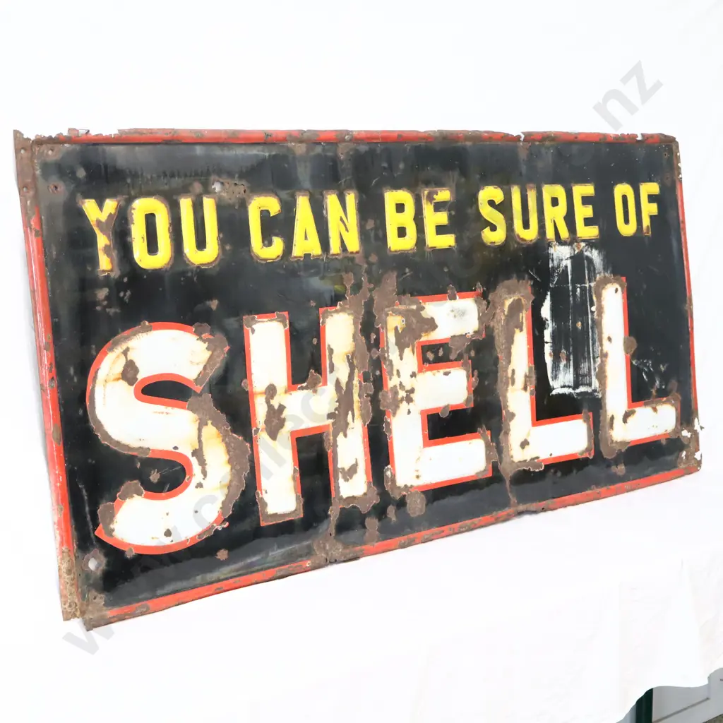 LARGE 6x3 Foot EARLY You Can Be Sure Of Shell Embossed Enamel Sign Image 1++