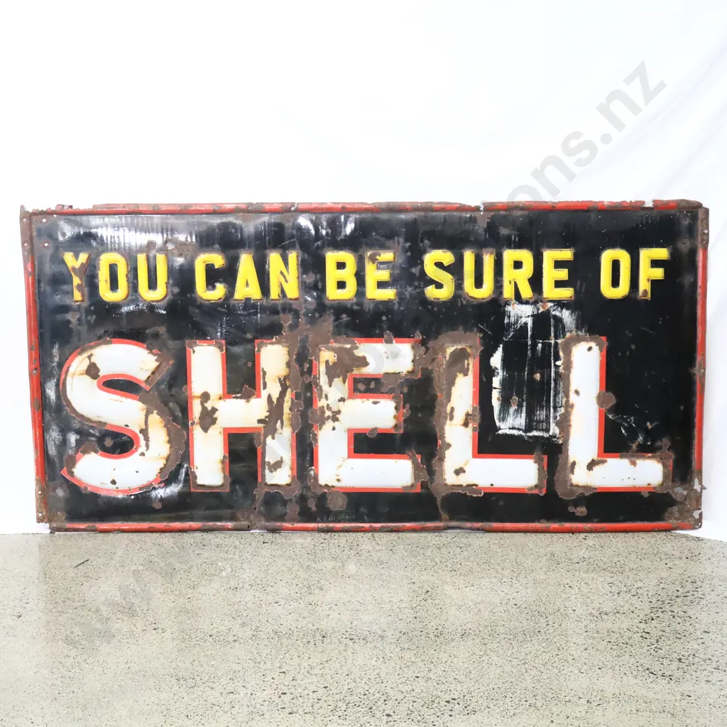 LARGE 6x3 Foot EARLY You Can Be Sure Of Shell Embossed Enamel Sign Image 1++