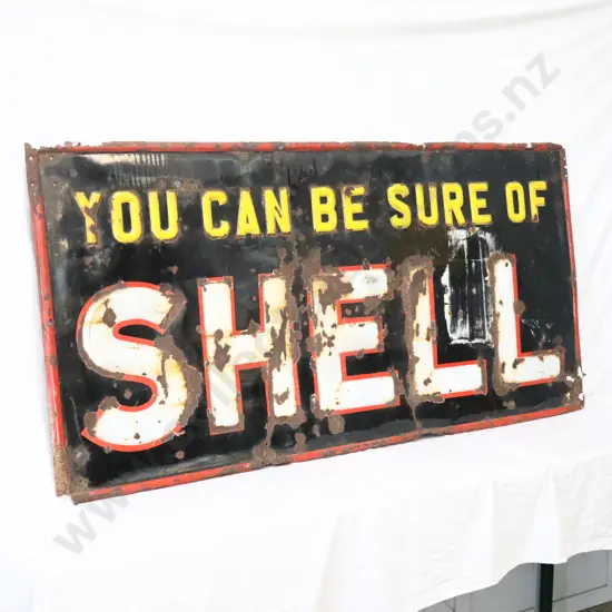 LARGE 6x3 Foot EARLY You Can Be Sure Of Shell Embossed Enamel Sign