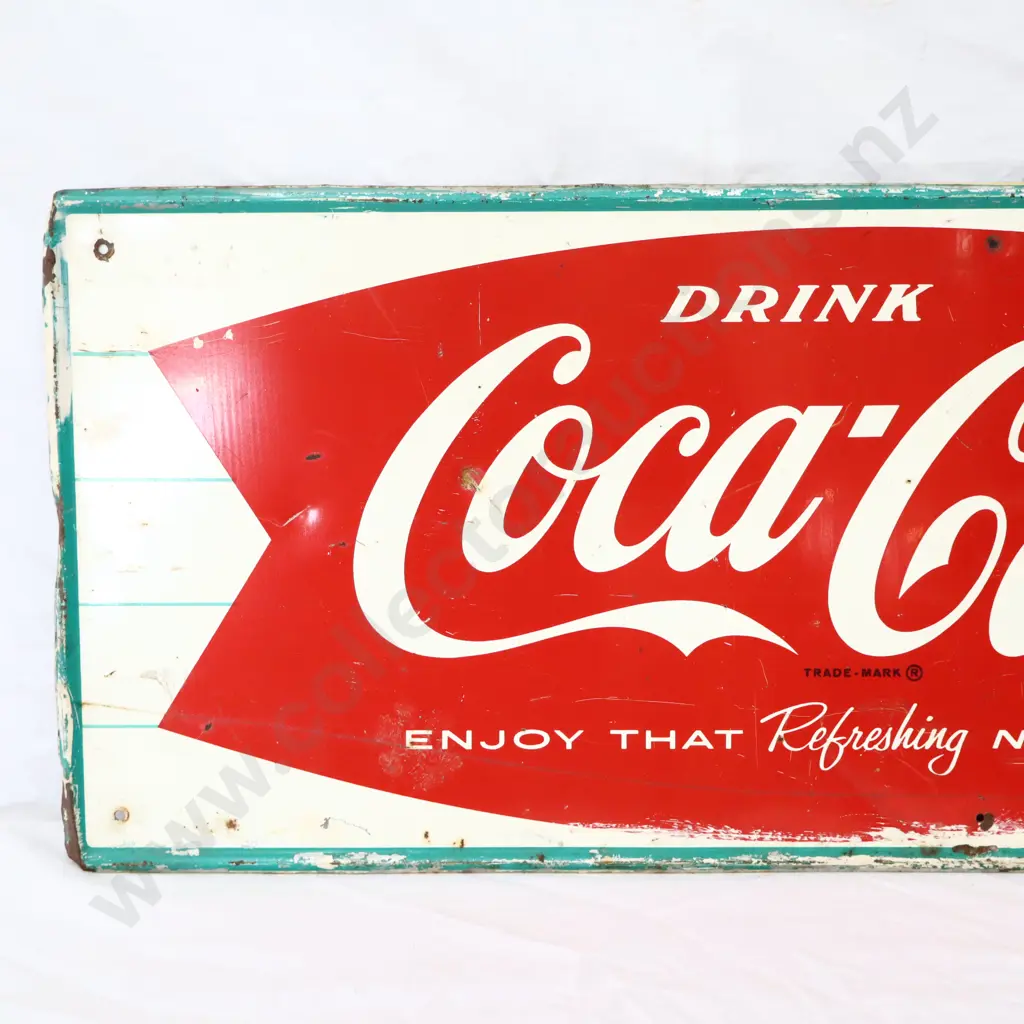 Coca Cola Fish tail Sign With Rolled Edges Dated 1943 Image 1++