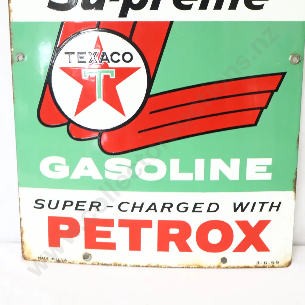 Texaco Skychief Supreme Supercharged With Petrox Enamel Bowser Sign Dated 1959 Image 1++
