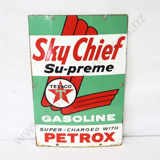 Texaco Skychief Supreme Supercharged With Petrox Enamel Bowser Sign Dated 1959