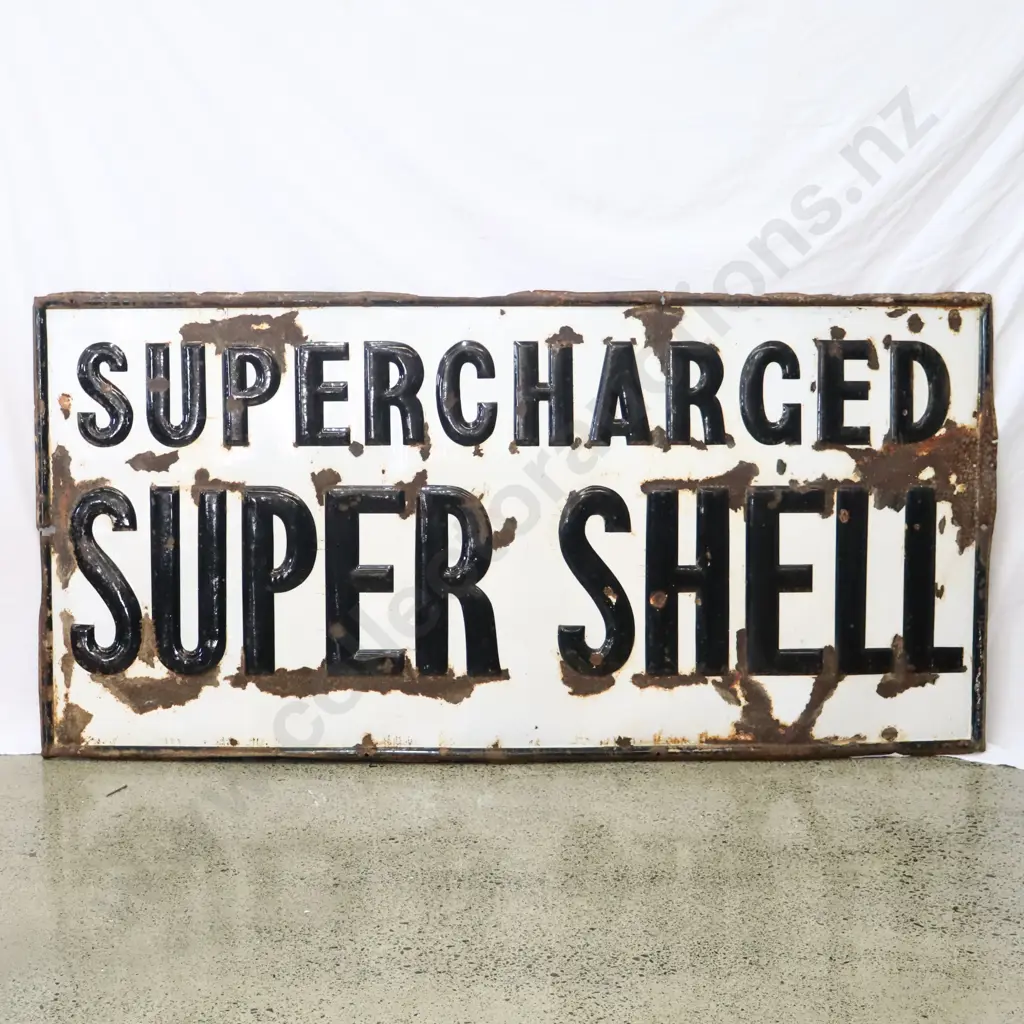 LARGE 6x3 Foot EARLY Supercharge Super Shell Embossed Enamel Sign NZ Only Sign Image 1++