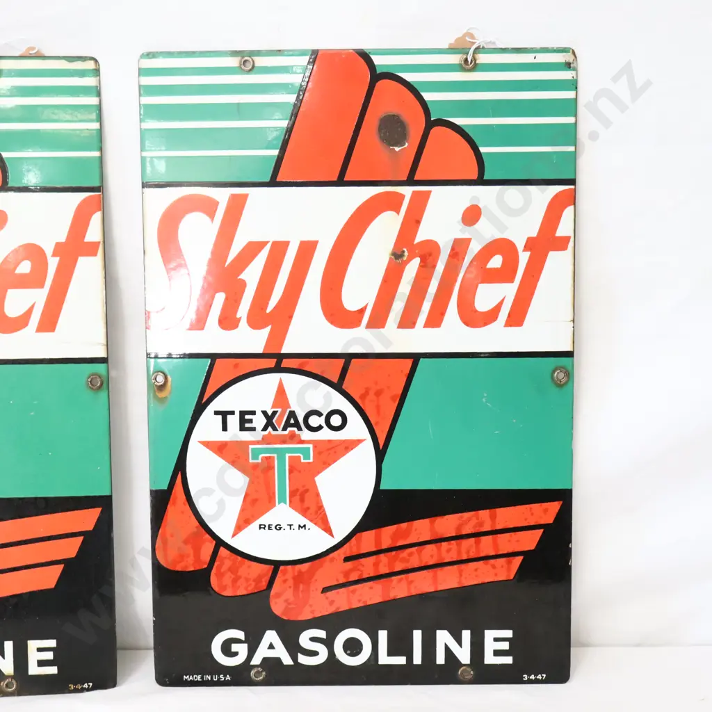 A Pair Of Texaco Sky Chief Gasoline Enamel Bowser Signs (Taken Of The Same Pump) Dated 1947 Image 1++