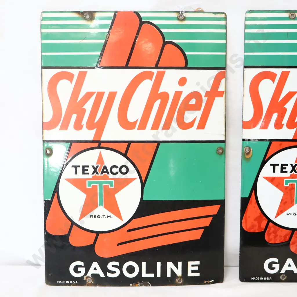 A Pair Of Texaco Sky Chief Gasoline Enamel Bowser Signs (Taken Of The Same Pump) Dated 1947 Image 1++
