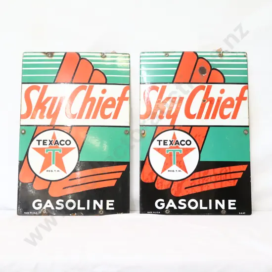 A Pair Of Texaco Sky Chief Gasoline Enamel Bowser Signs (Taken Of The Same Pump) Dated 1947