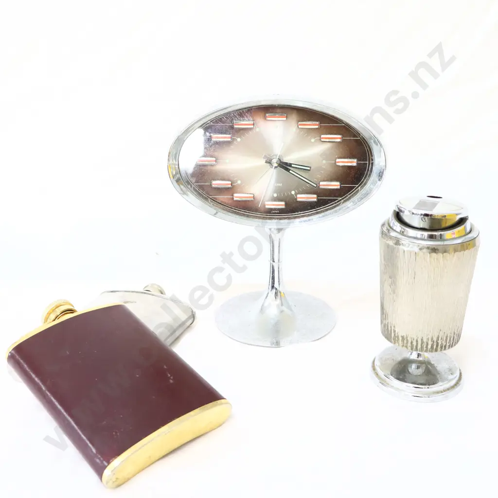 Assorted  Items, Clock, lighter  2x flasks Image 1++