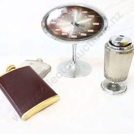 Assorted  Items, Clock, lighter  2x flasks
