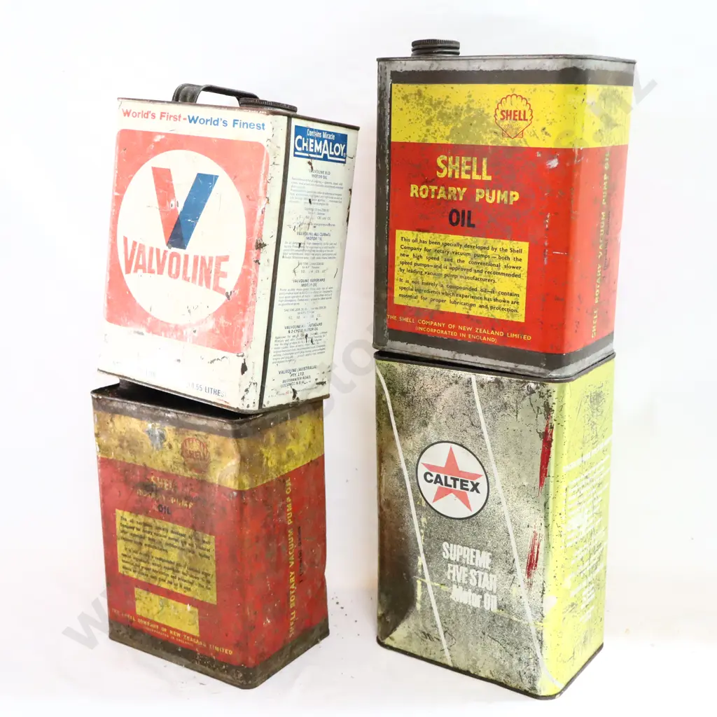 Shell, Valvoline, Shell Rotary Pump Oil And Caltex Oil Tins Image 1++