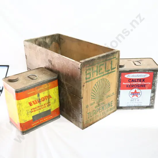 Shell Petrol Box, Caltex Kerosene And Europa Oil Tins