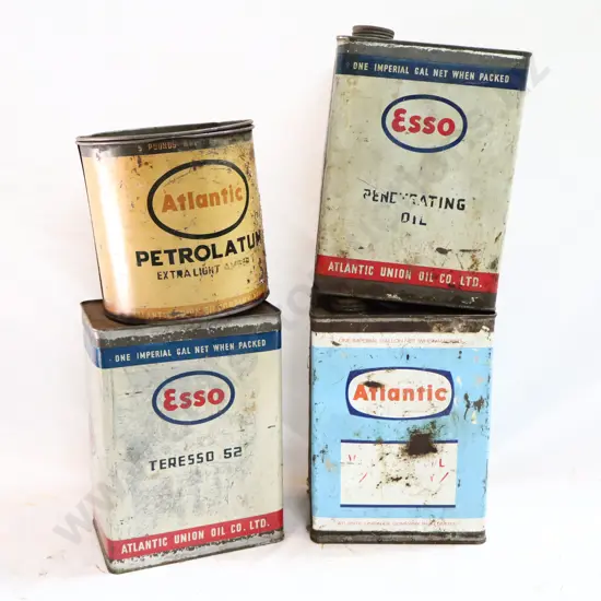 Atlantic Oil Tin, Esso Oil Tins x 2 And Atlantic Grease Tin
