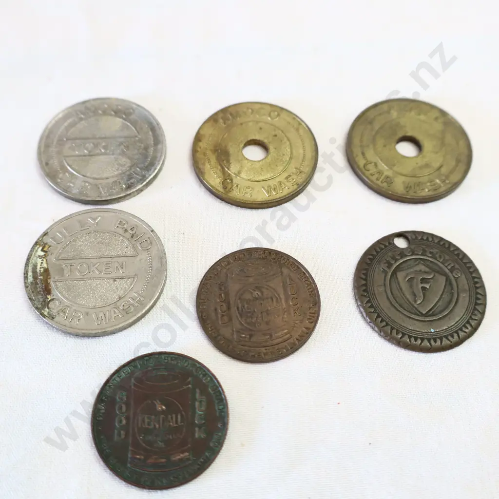 EARLY Car Wash Tokens x 4, Kendell Tokens x 2, Firestone Tyres Token. Image 1++