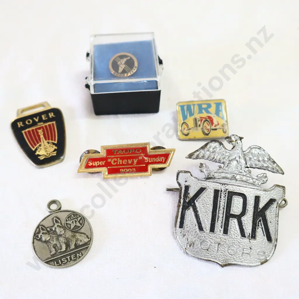 Kirk Motor's Hat Badge, WRA Enamel Badge, Goodyear Pin, Texaco, Rover And Taupo Chevy. Image 1++