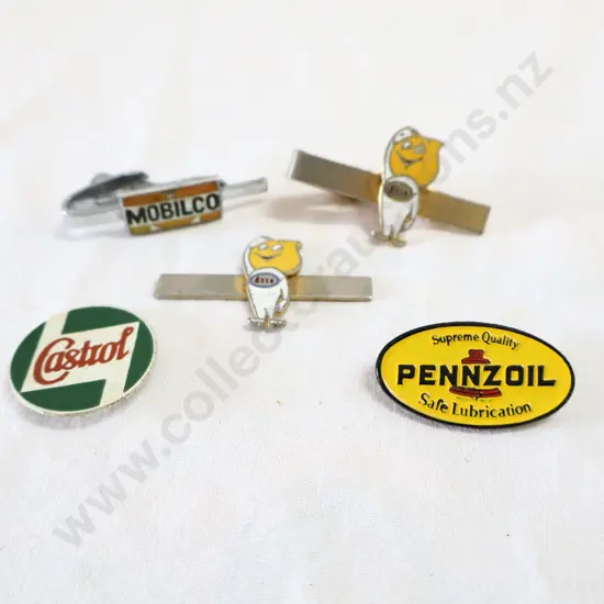 Esso Tie Clips x 2, Mobilco Tie Clip, Castrol And Pennzoil Buttons