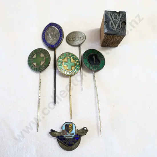 V8 Print Block, Esso, Vauxhall, Motor Manual Goodwill Club And Safe Driving Pins