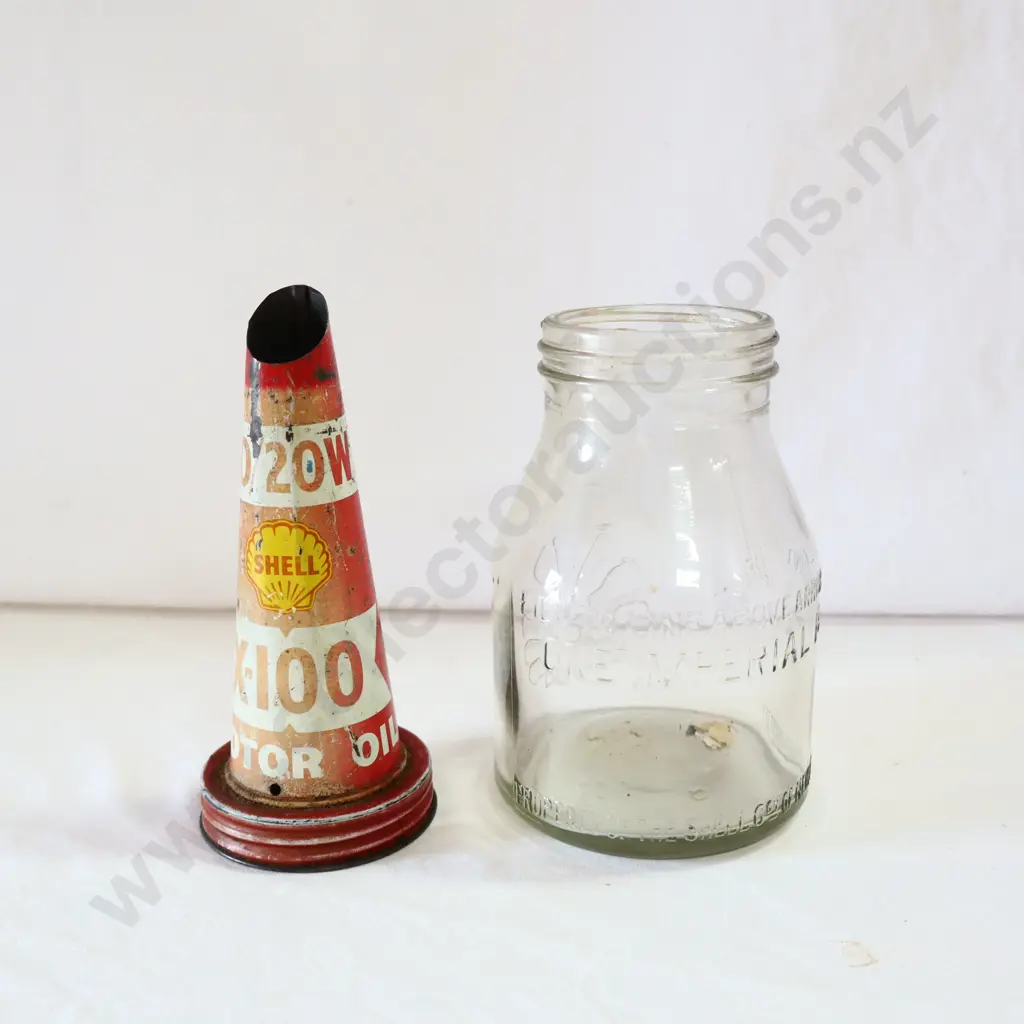 EARLY Shell 1 Pint Oil Bottle + Shell X100 Tin Top Image 1++