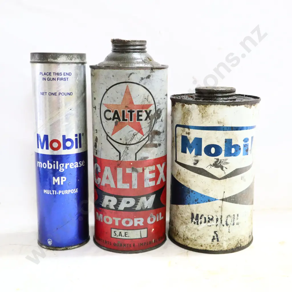 Mobil Oil Tin, Caltex RPM Tin And Mobil Grease Tube. Image 1++