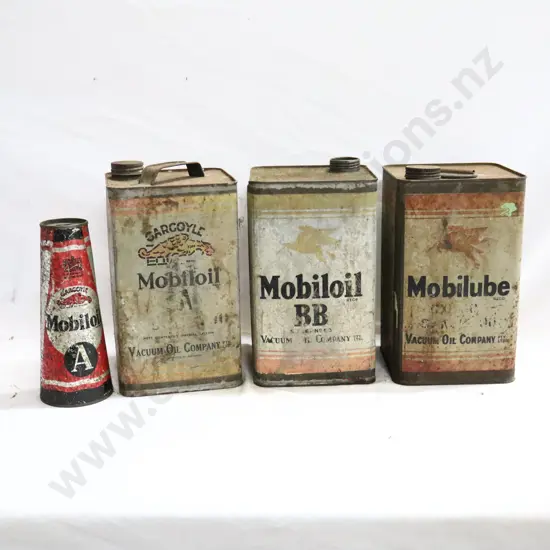 Mobil Oil Tins x 3 + Gargoyle Mobil Oil Conicle Tin