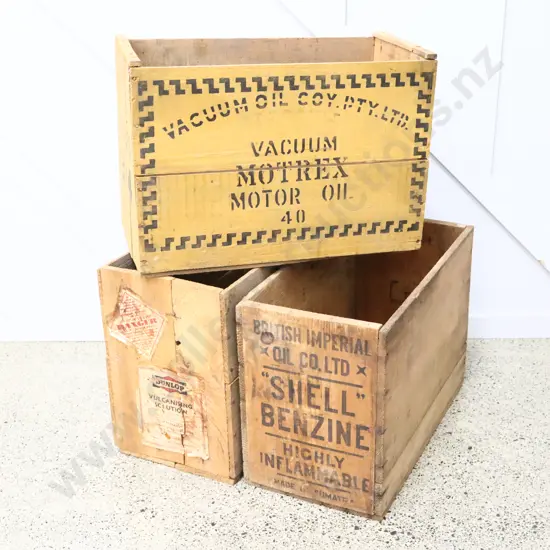 Shell Benzine, Vacuum Oil Compay and Dunlop Petrol Boxes