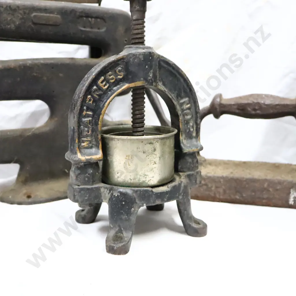 Cast Iron Collectables, Early Meat Press, Early Billards Table Press, Leather Working Tool and Water Pumps Image 1++