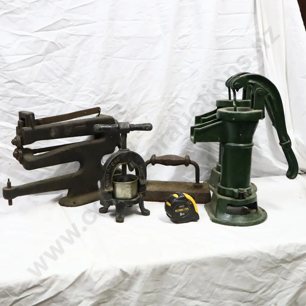 Cast Iron Collectables, Early Meat Press, Early Billards Table Press, Leather Working Tool and Water Pumps Image 1++