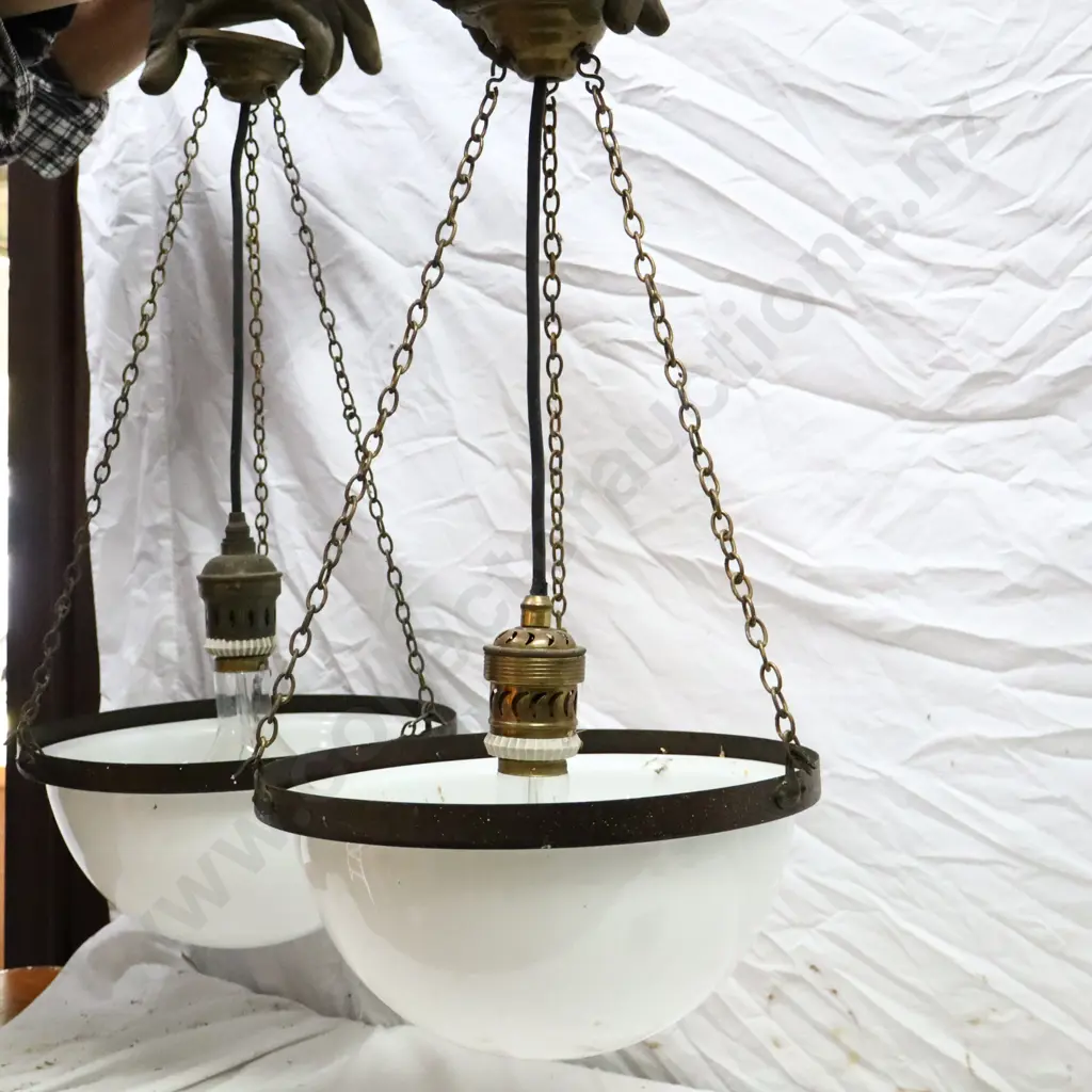 Pair Early Electrical Milk Glass Hanging Lights Image 1++