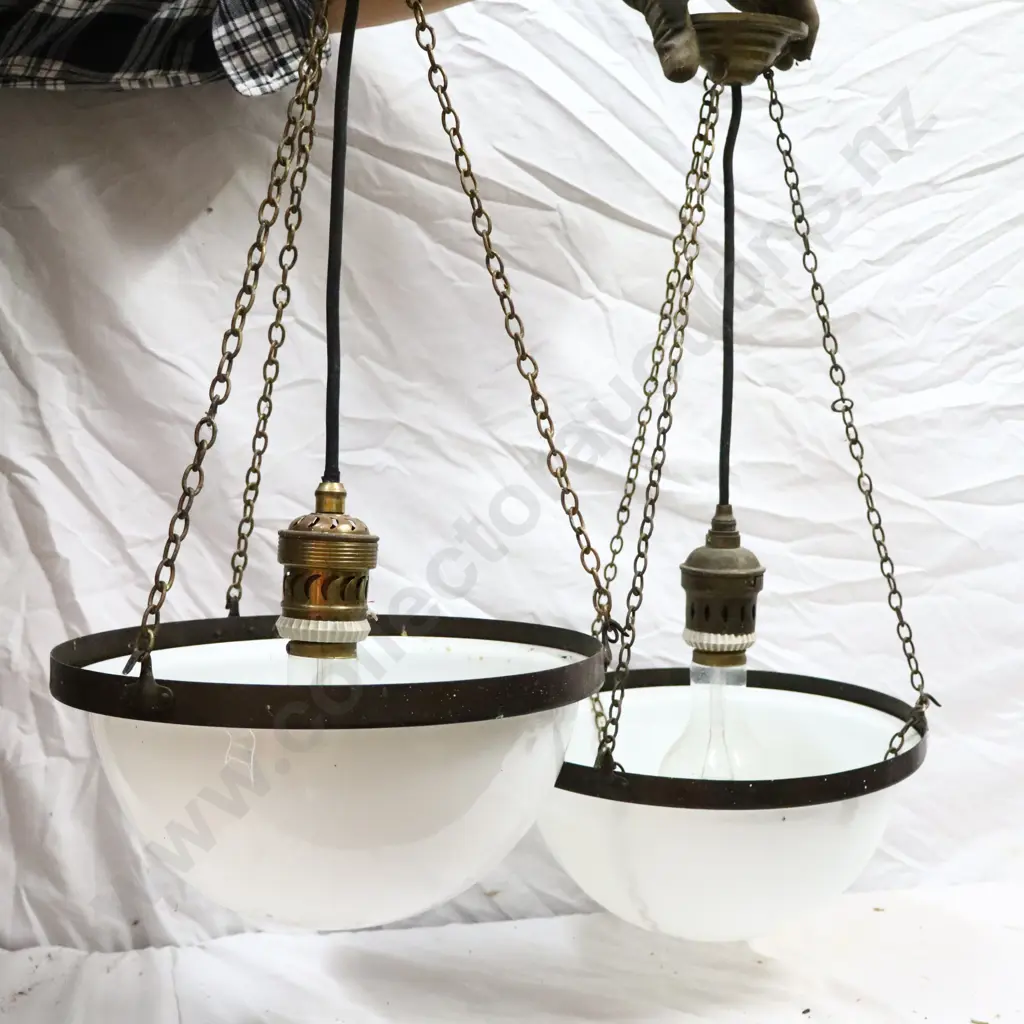 Pair Early Electrical Milk Glass Hanging Lights Image 1++