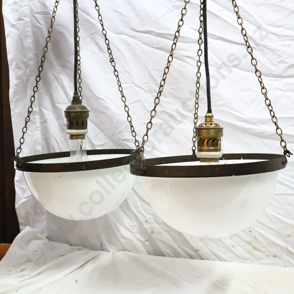 Pair Early Electrical Milk Glass Hanging Lights Image 1++