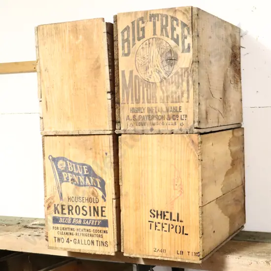 Petrol Boxes X4. Red Ball Aviation Motor Spirit, Big Tree, Shell Blue Pennant and Shell Teepol