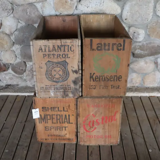 Petrol Boxes X4. Atlantic Petrol, Shell Imperial Spirit, Laurel Kerosene And Castrol.