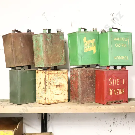 2 Gallon Runnerboard Tins x 8. Plain, Castrol x 3, Wakefield Castrol, War Department, Shell Motor Spirit, Shell Benzine