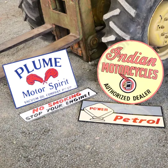 4 x Handpainted Signs by Ray Bovey. Indian, Power Petrol, Plume, No Smoking
