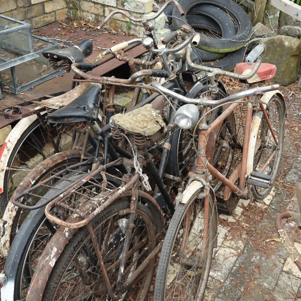 5 x Vintage Mens Bicycles, 1 x Vintage Ladies Bicycle, Wheel chairs x 2 and Pram Bottom. Image 1++
