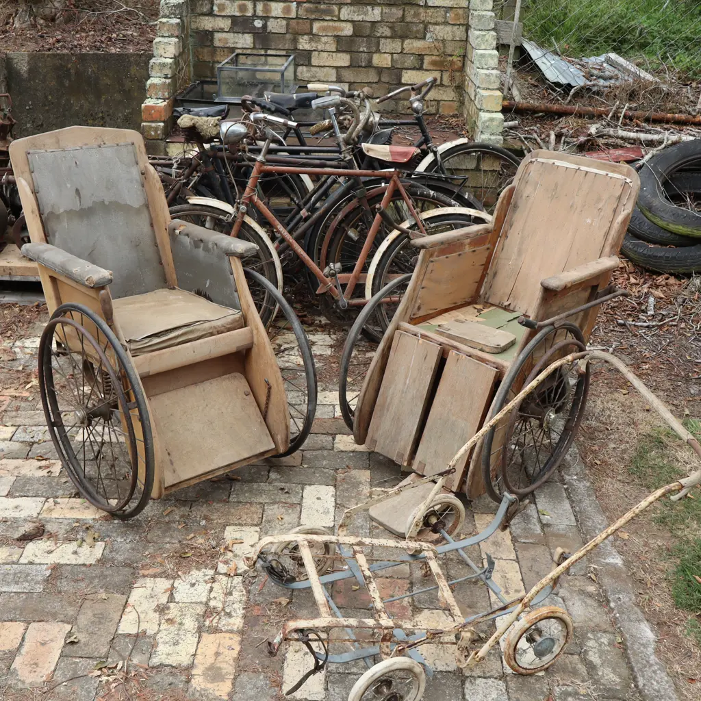 5 x Vintage Mens Bicycles, 1 x Vintage Ladies Bicycle, Wheel chairs x 2 and Pram Bottom. Image 1++