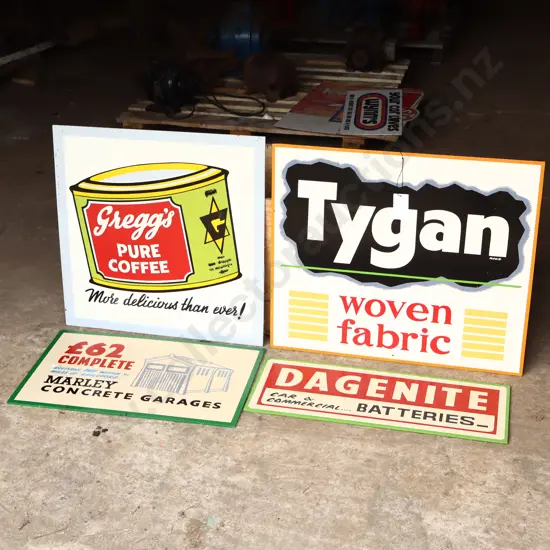 4 x Handpainted Signs by Ray Bovey. Tygan, Gregg's, Marley Concrete Garages And Dagenite Batteries