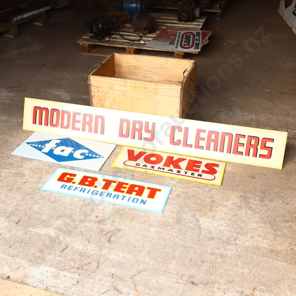 4 x Handpainted Signs by Ray Bovey. Modern Dry Cleaners, FAC, VOKES, G B Teat Image 1++