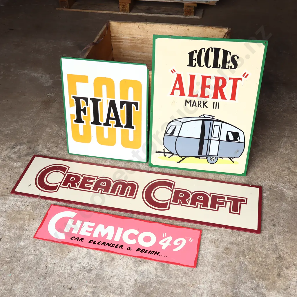 4 x Handpainted Signs by Ray Bovey. Eccles Alert, Fiat 500, Cream Craft, Chemico Image 1++