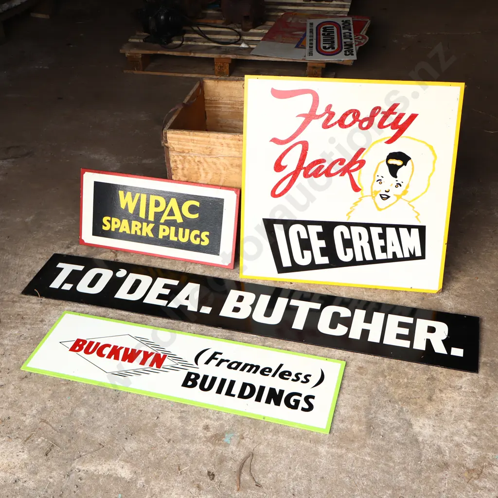 4 x Handpainted Signs by Ray Bovey. Wipac, Frosty Jack, Butcher, Buckwyn Image 1++
