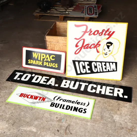 4 x Handpainted Signs by Ray Bovey. Wipac, Frosty Jack, Butcher, Buckwyn