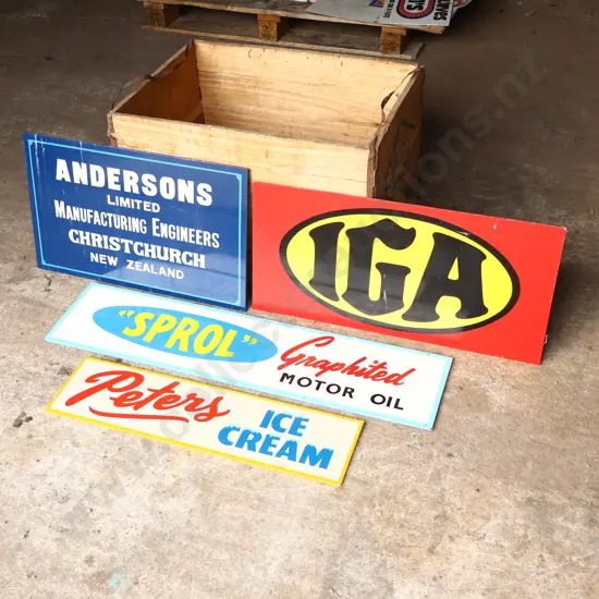 4 x Handpainted Signs by Ray Bovey. Anderson's, IGA, Sprol Motor Oil, Peter's Ice Cream