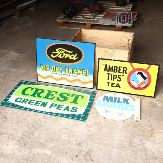 4 x Handpainted Signs by Ray Bovey. Ford, Amber Tips Tea, Crest Green Peas, Milk Shakes.