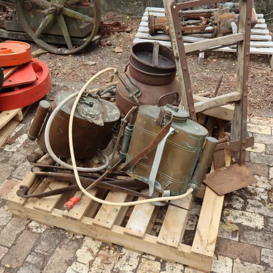 Pallet. Cream Can, Brass Sprayers, Sack Truck Ect.