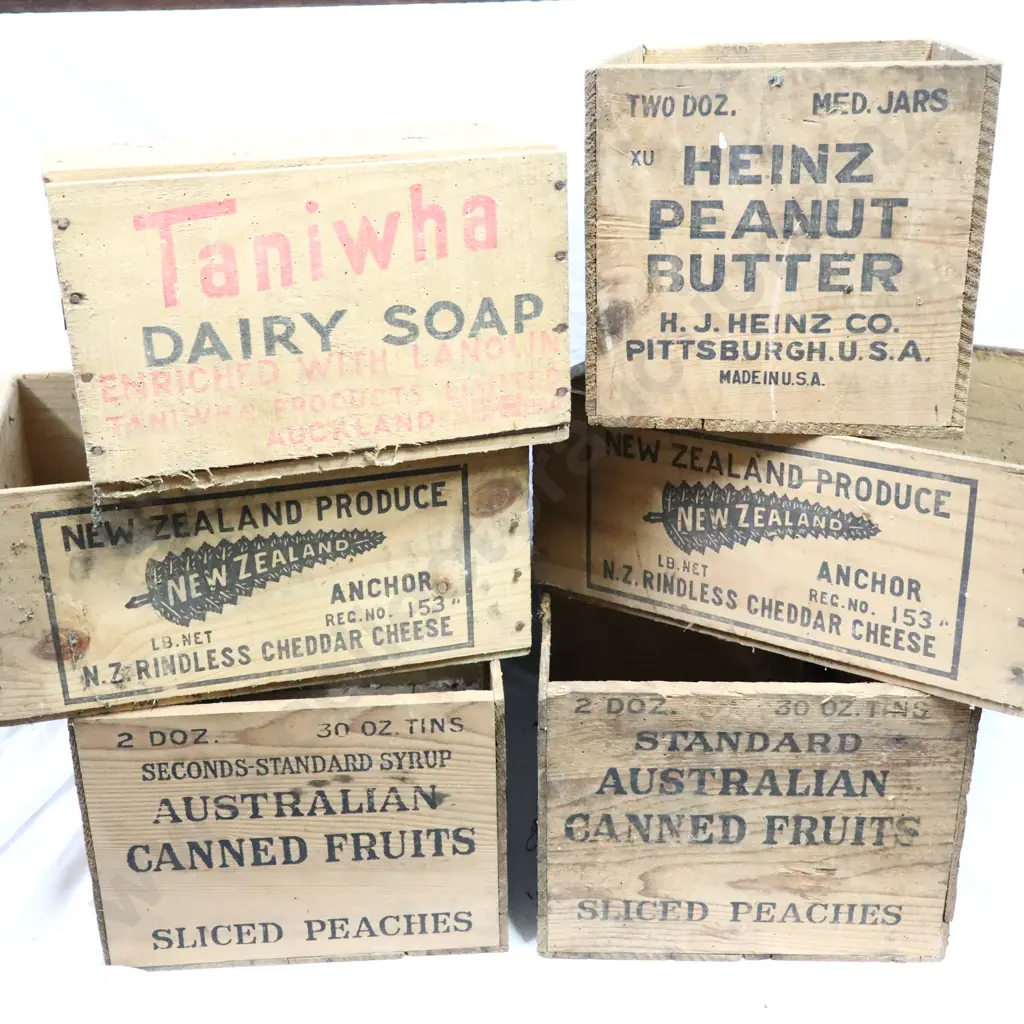 Wooden Boxes x 6. Taniwha, Heinz, Anchor And Fruits. Image 1++