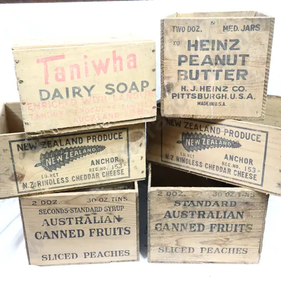 Wooden Boxes x 6. Taniwha, Heinz, Anchor And Fruits.