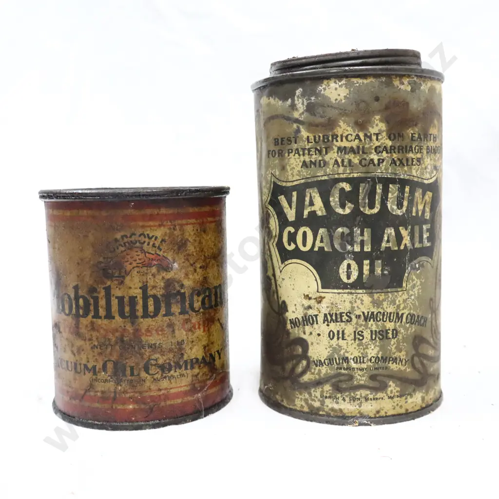 Early Vacuum Coach Axil Oil And Mobilubrication Tins Image 1++