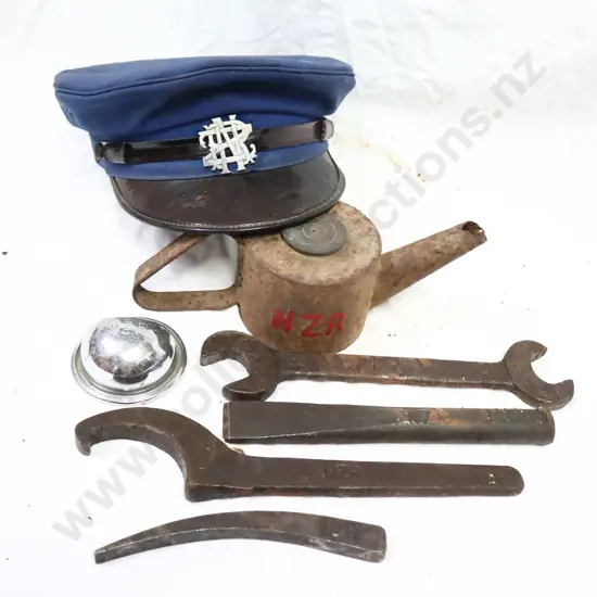 NZR. Early Cast Iron Pourer, NZR Hat And Cap Badge, NZR Ashtray, NZR Tools.
