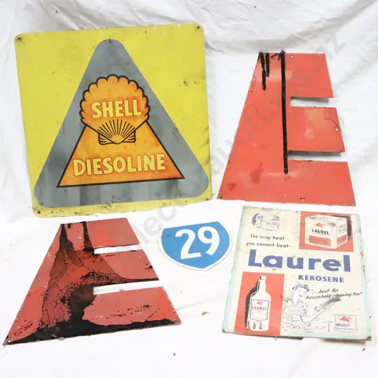 Automotive Advertising Signs x 5, Europa x 2, Shell Diesoline and Mobil Laurel Kerosene and SH29.